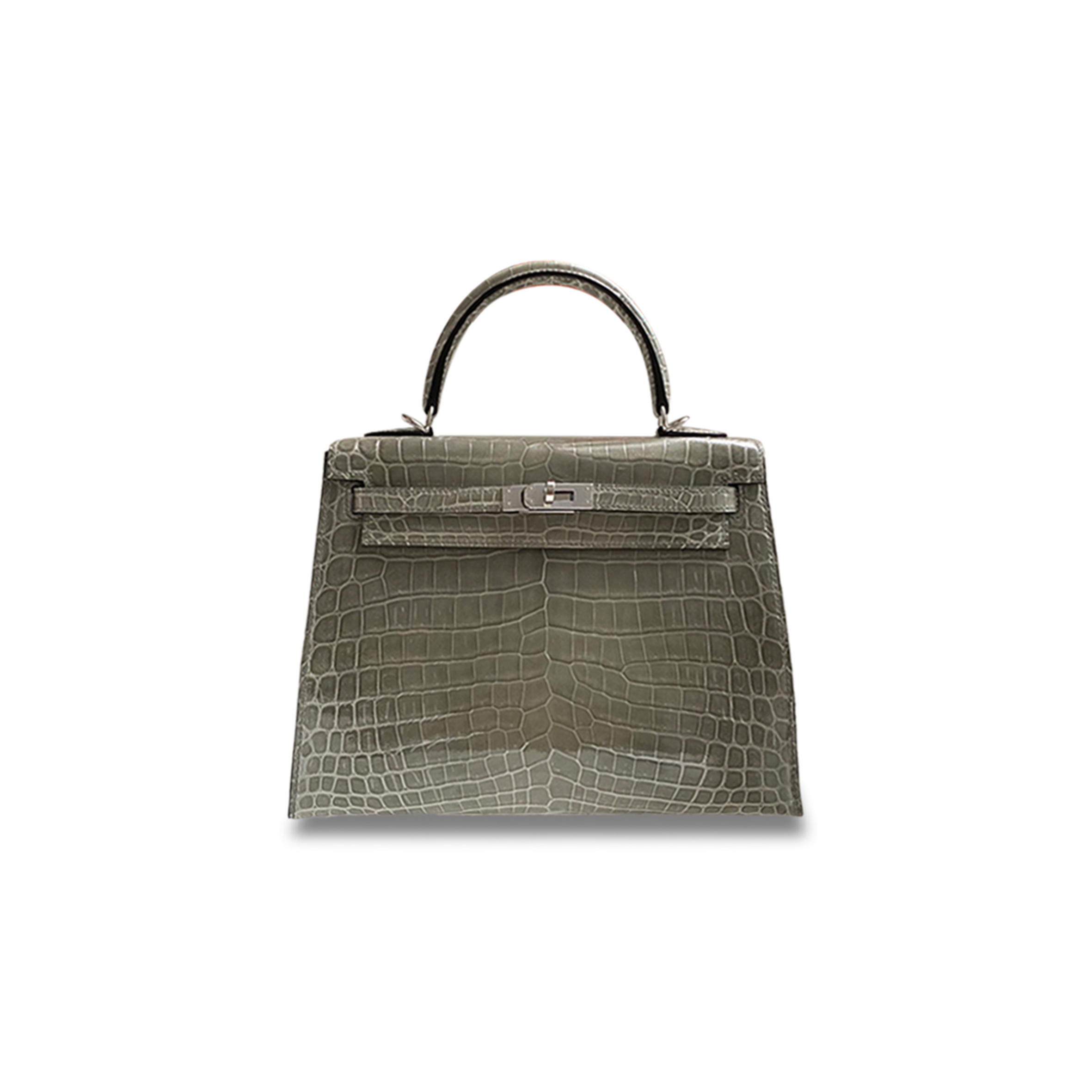 HERMÈS MASTER KELLY 25 TURTLEDOVE GREY SHINY CROCODILE SILVER BUCKLE (25*17*7cm) 